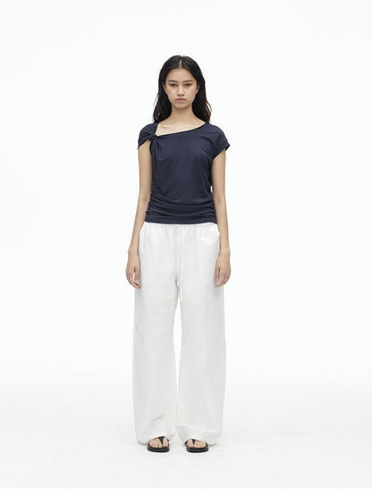 AFTADAWN Dark Blue Knotted Slanted Shoulder Slim Fit Women&