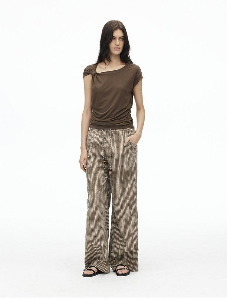 AFTADAWN Dark Blue Knotted Slanted Shoulder Slim Fit Women&