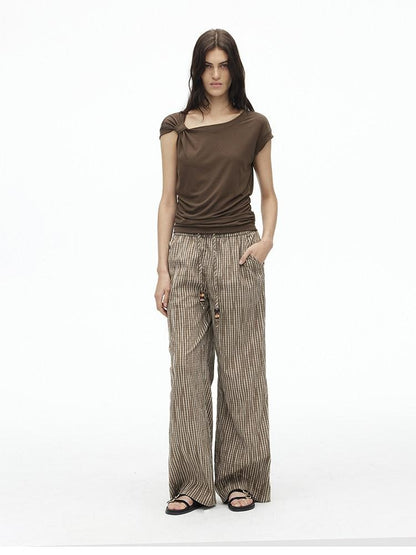 AFTADAWN Dark Blue Knotted Slanted Shoulder Slim Fit Women&