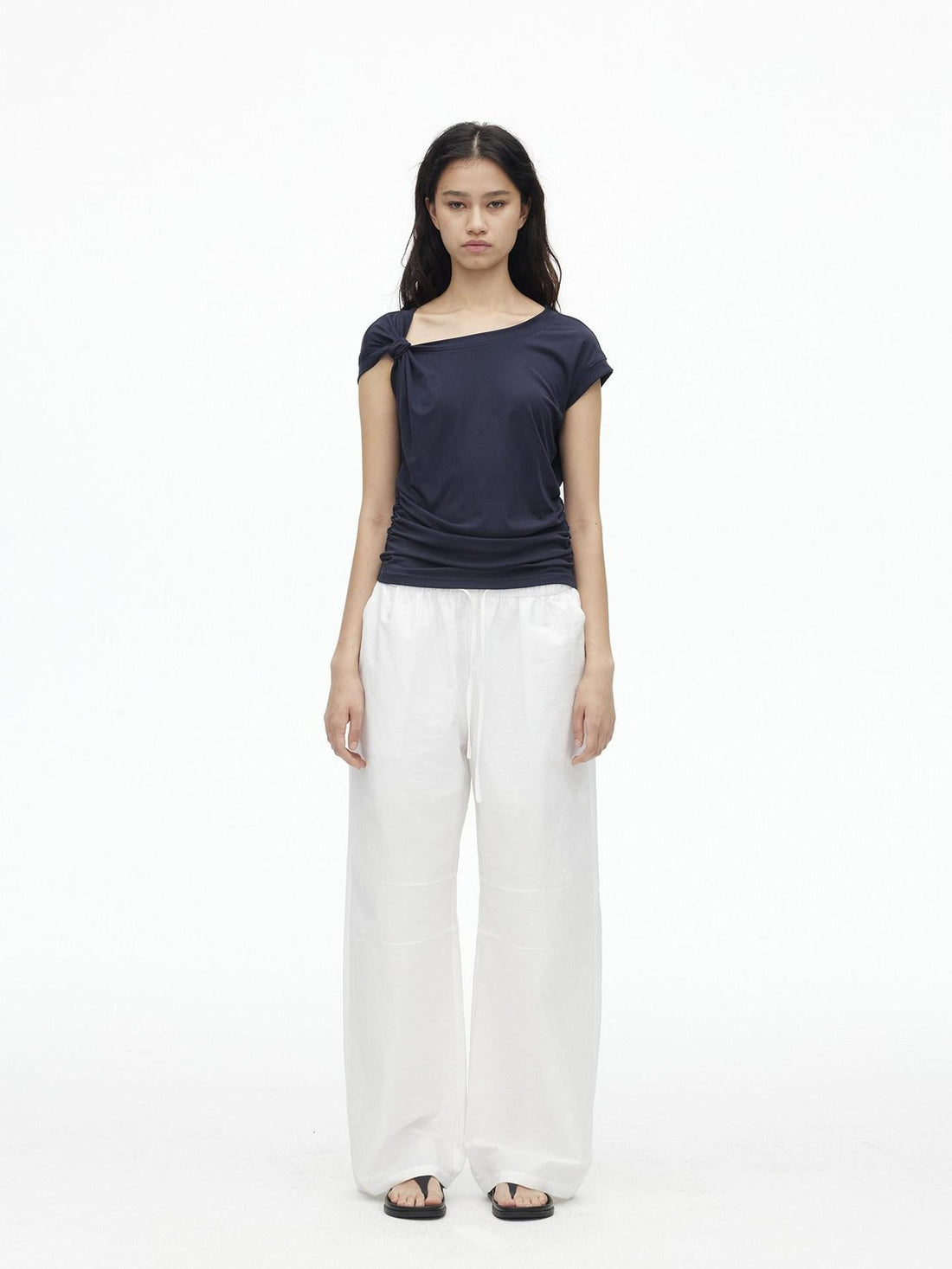 AFTADAWN Dark Blue Knotted Slanted Shoulder Slim Fit Women&