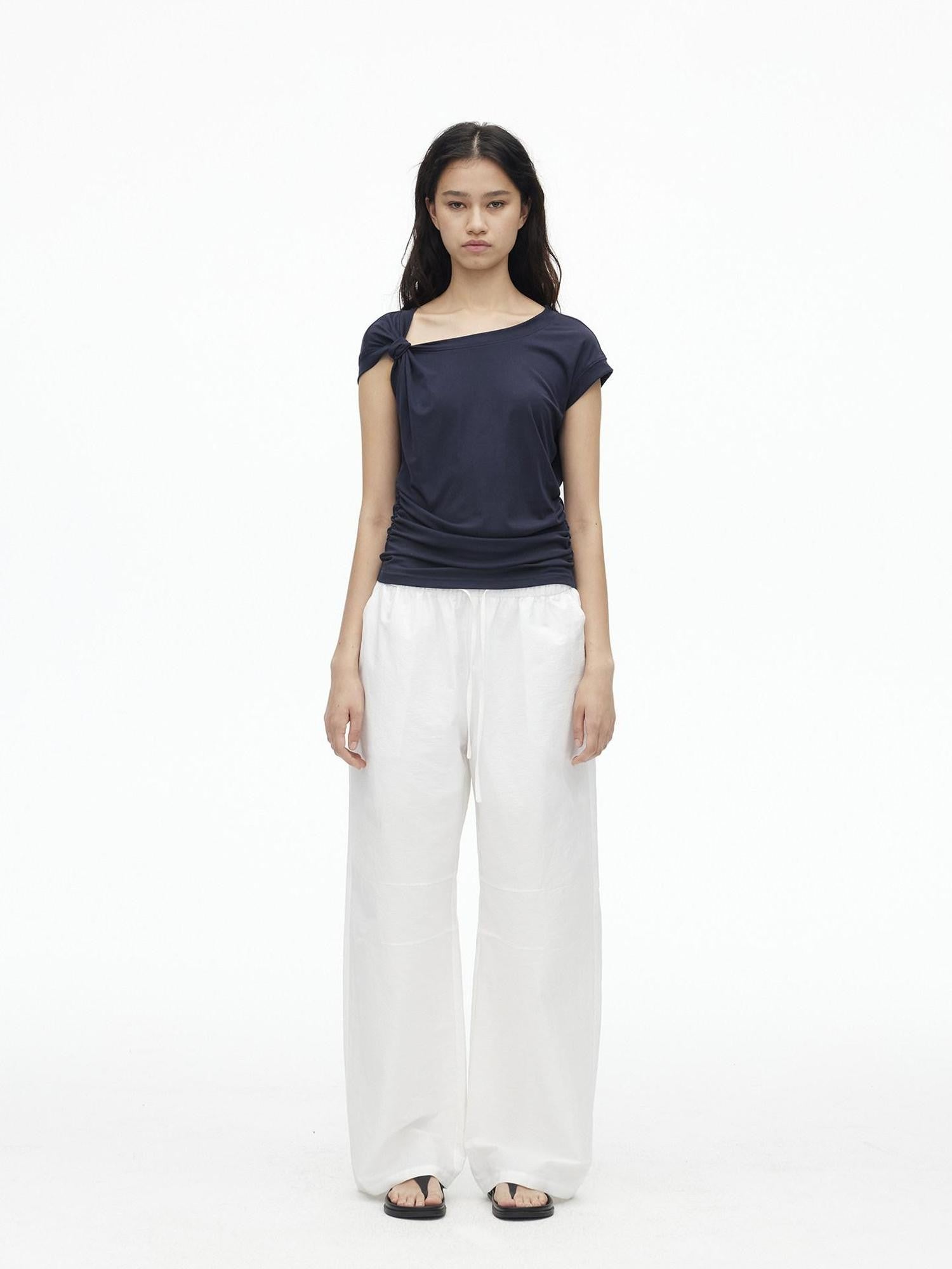 AFTADAWN Dark Blue Knotted Slanted Shoulder Slim Fit Women&
