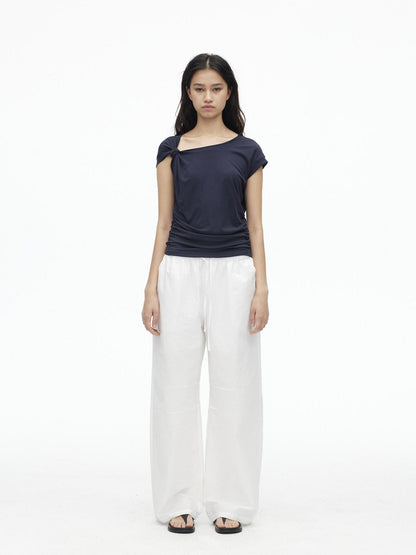AFTADAWN Dark Blue Knotted Slanted Shoulder Slim Fit Women&