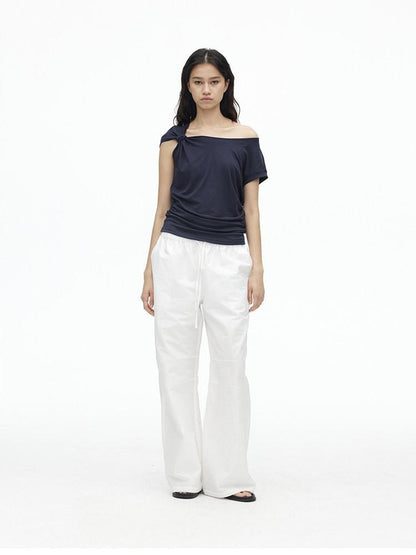 AFTADAWN Dark Blue Knotted Slanted Shoulder Slim Fit Women&