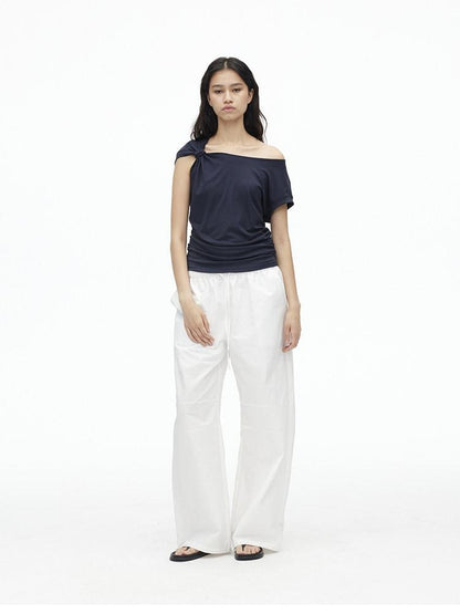 AFTADAWN Dark Blue Knotted Slanted Shoulder Slim Fit Women&