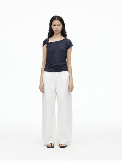 AFTADAWN Dark Blue Knotted Slanted Shoulder Slim Fit Women&