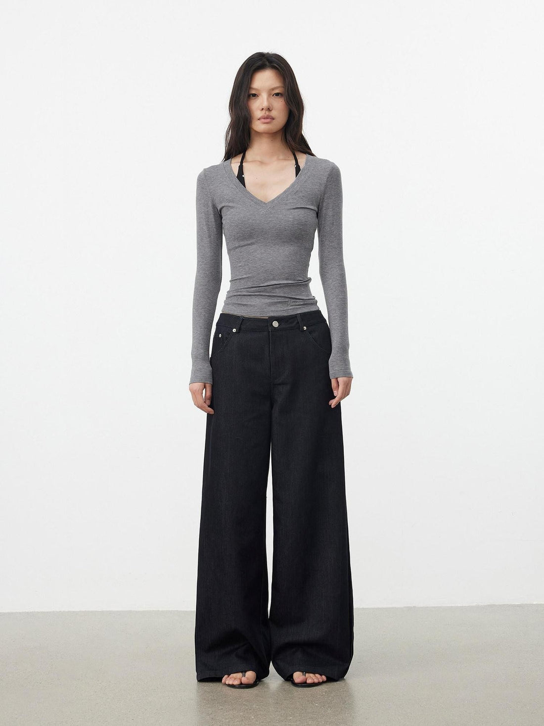 AFTADAWN Dark Blue Side Pleats Back Embroidery Women&