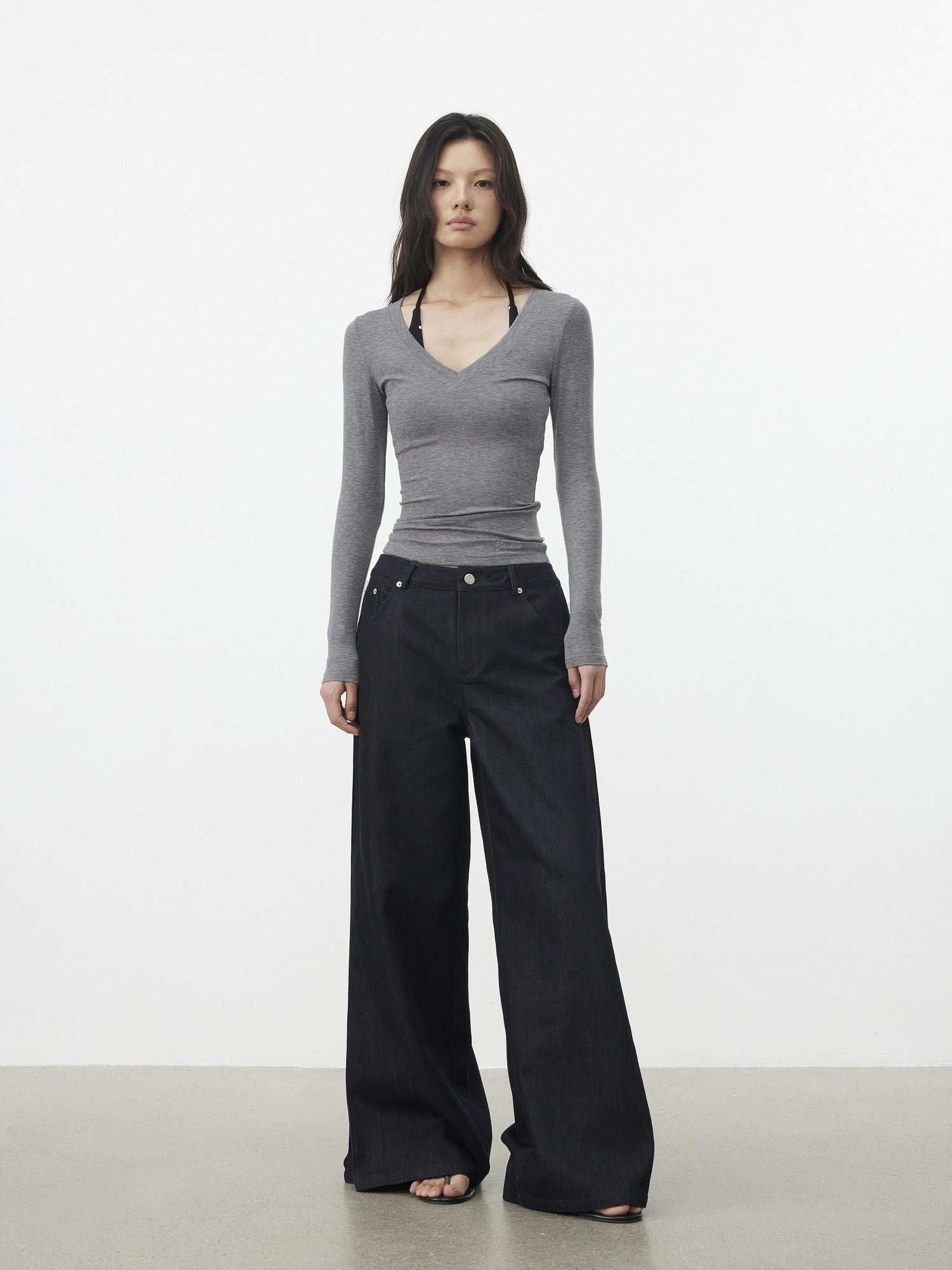 AFTADAWN Dark Blue Side Pleats Back Embroidery Women&
