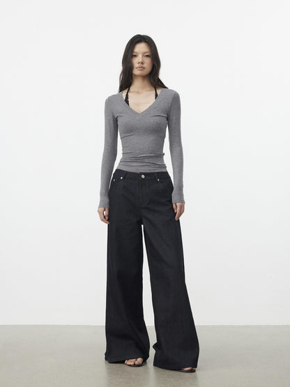 AFTADAWN Dark Blue Side Pleats Back Embroidery Women&