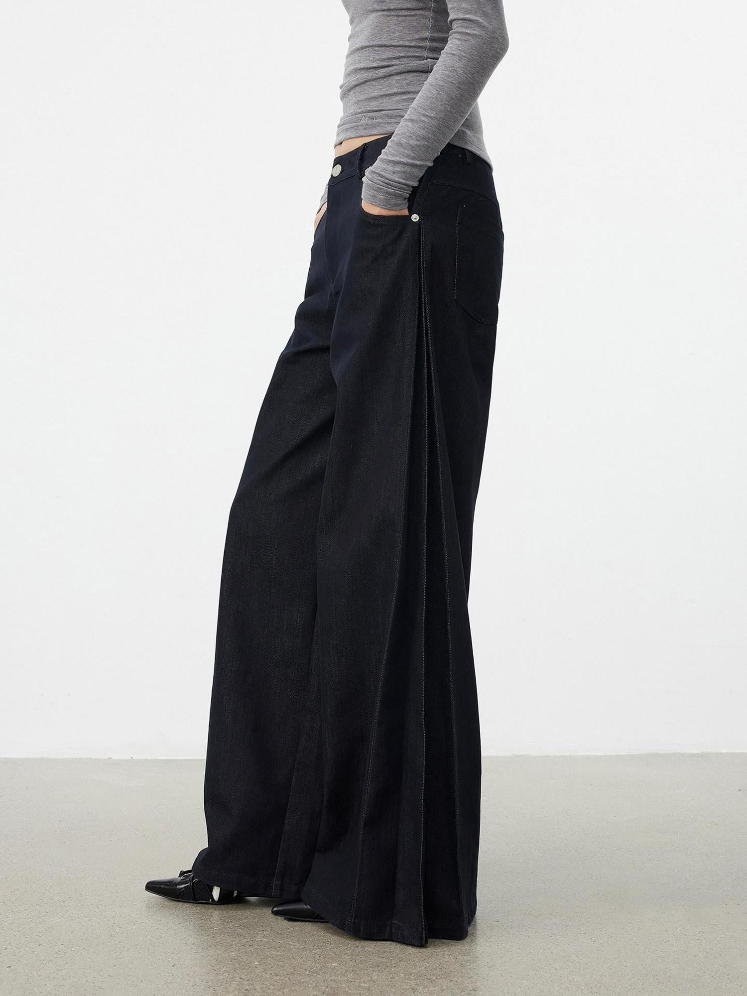 AFTADAWN Dark Blue Side Pleats Back Embroidery Women&