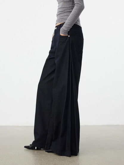 AFTADAWN Dark Blue Side Pleats Back Embroidery Women&