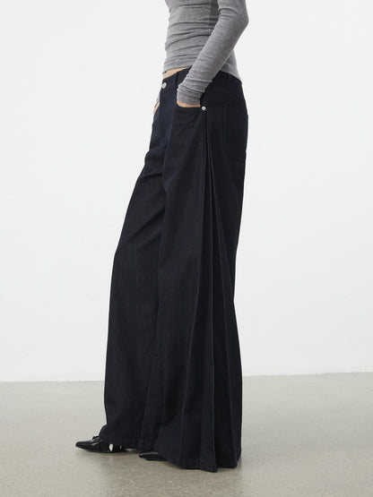 AFTADAWN Dark Blue Side Pleats Back Embroidery Women&