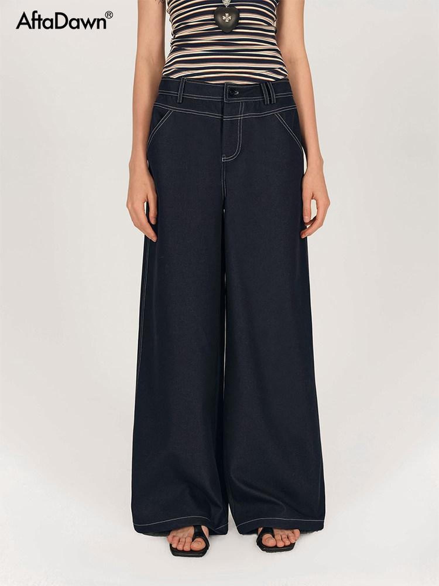 AFTADAWN Dark Blue Split Waist Patch Pocket Low Rise Women&