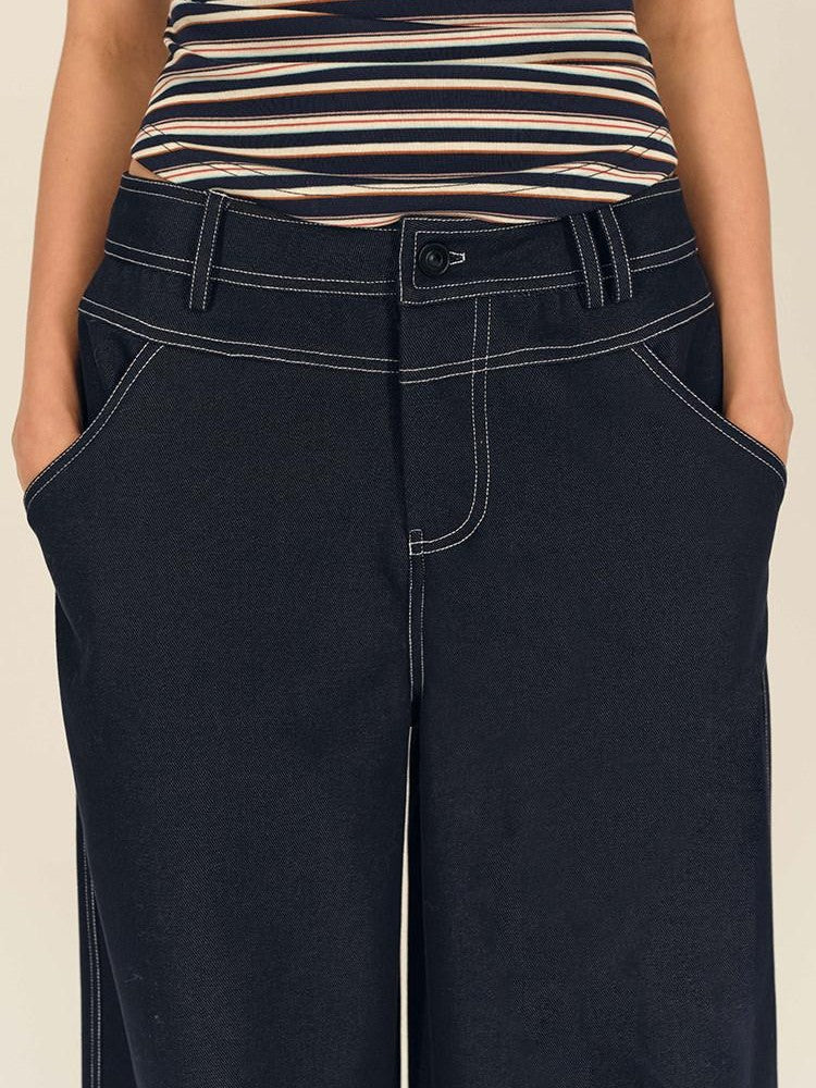 AFTADAWN Dark Blue Split Waist Patch Pocket Low Rise Women&