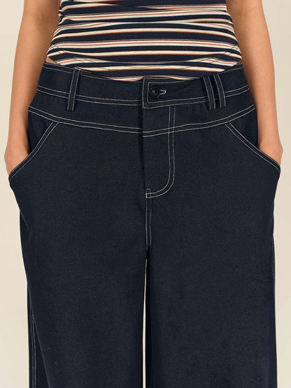 AFTADAWN Dark Blue Split Waist Patch Pocket Low Rise Women&