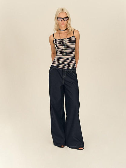 AFTADAWN Dark Blue Split Waist Patch Pocket Low Rise Women&