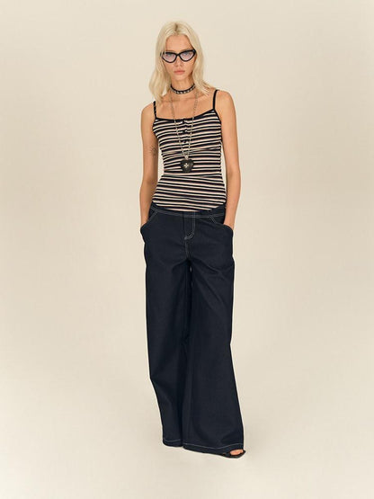 AFTADAWN Dark Blue Split Waist Patch Pocket Low Rise Women&