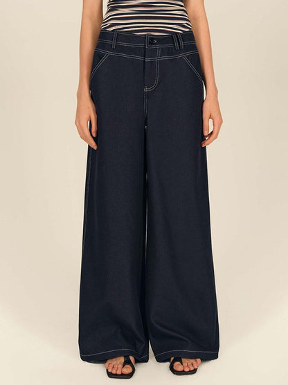 AFTADAWN Dark Blue Split Waist Patch Pocket Low Rise Women&