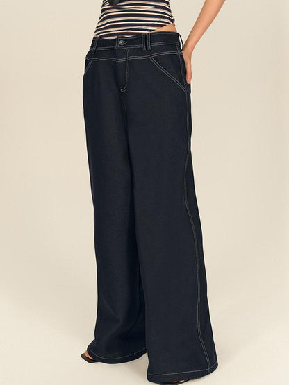 AFTADAWN Dark Blue Split Waist Patch Pocket Low Rise Women&