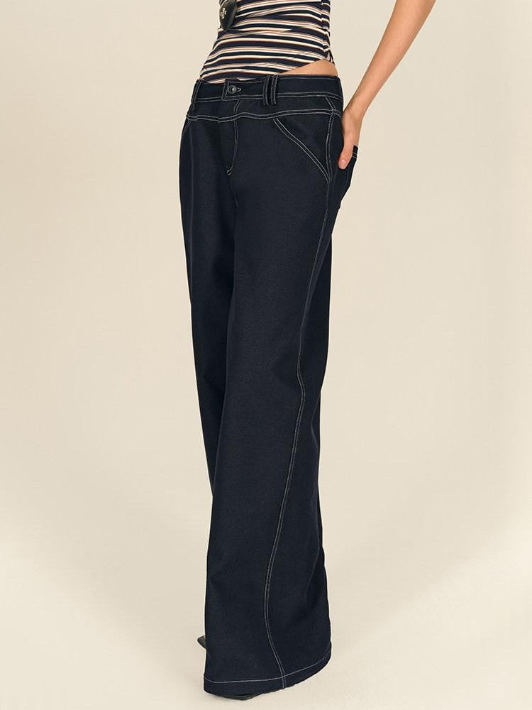 AFTADAWN Dark Blue Split Waist Patch Pocket Low Rise Women&