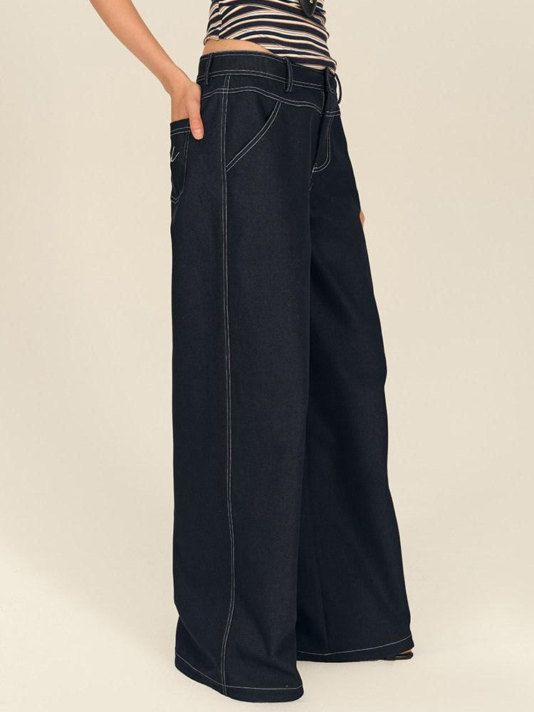 AFTADAWN Dark Blue Split Waist Patch Pocket Low Rise Women&