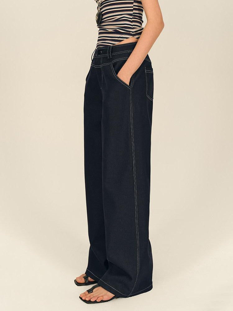 AFTADAWN Dark Blue Split Waist Patch Pocket Low Rise Women&