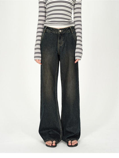 AFTADAWN Dark Washed Distressed Low Rise Women&
