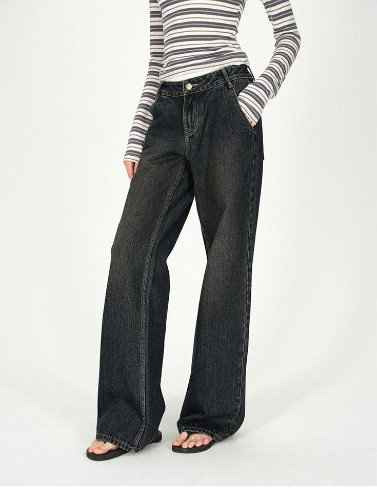 AFTADAWN Dark Washed Distressed Low Rise Women&
