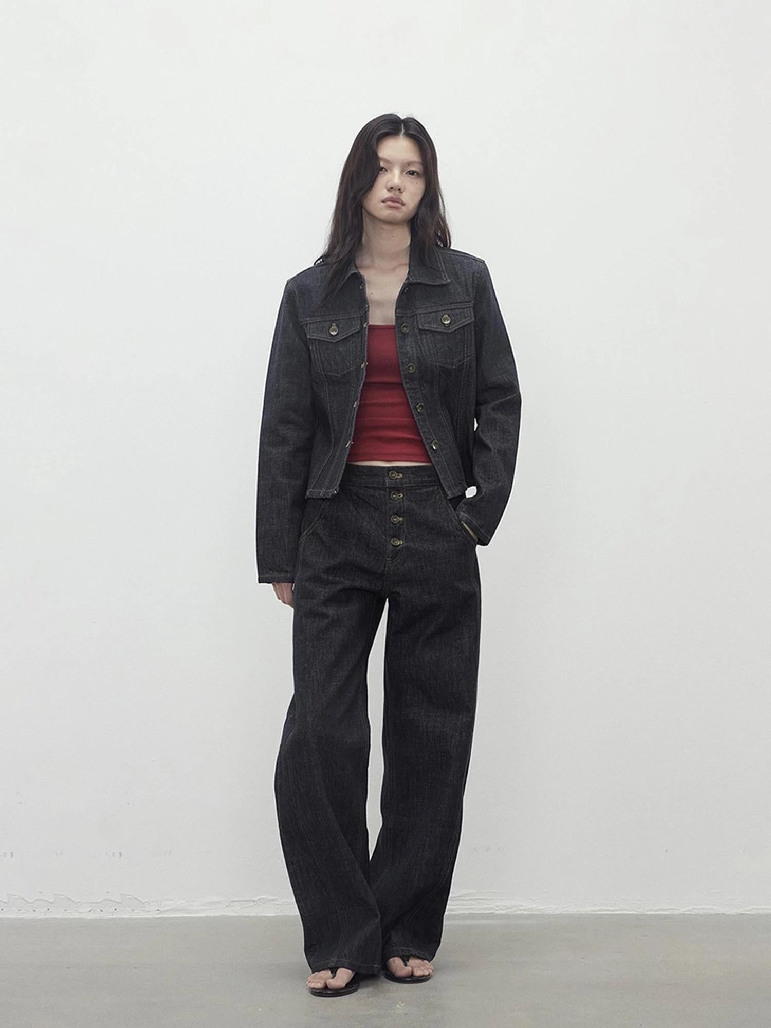 Deconstructed Denim Jacket With Topstitch And Relaxed Arc Hem Trousers