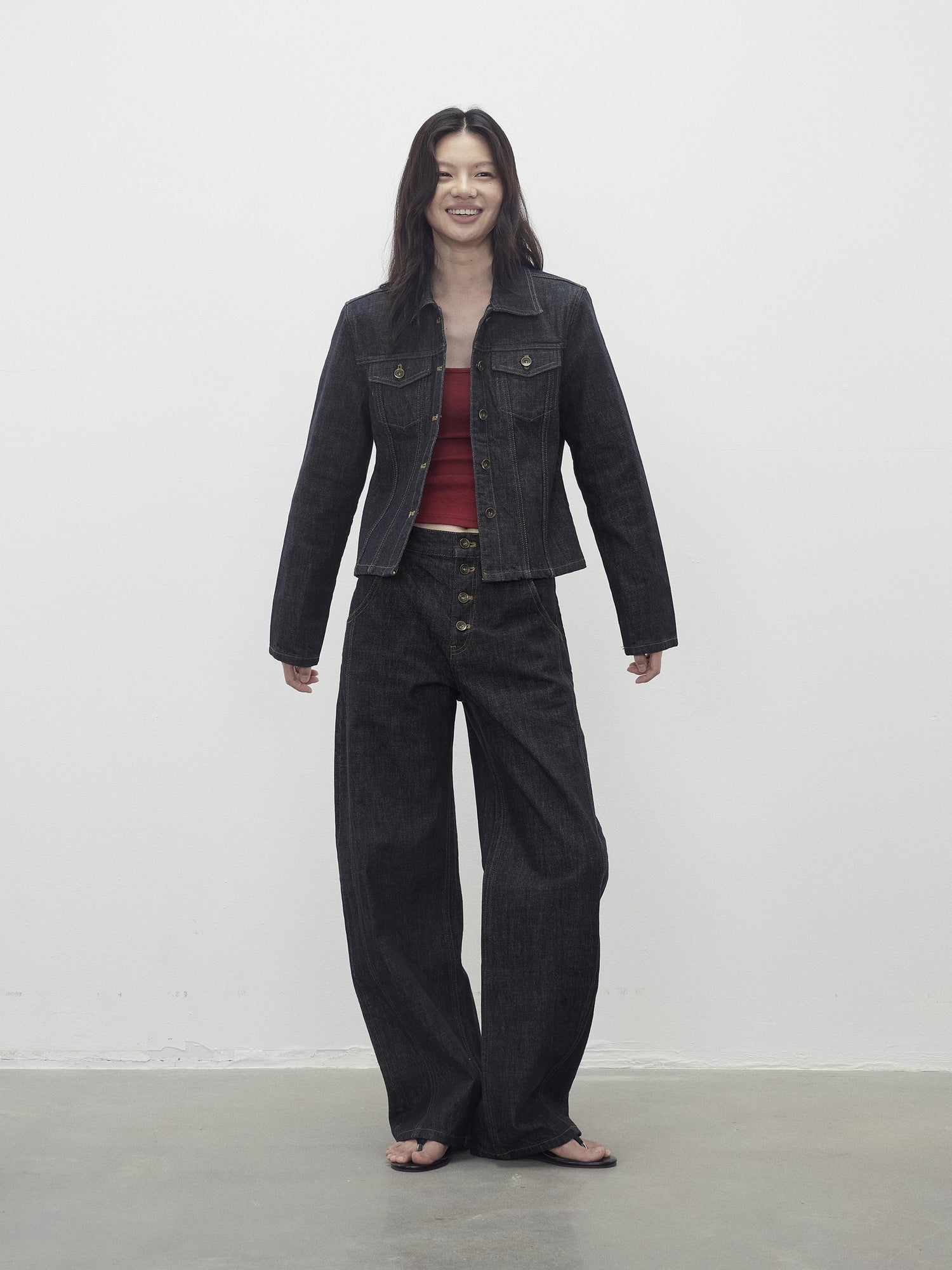 AFTADAWN Deconstructed Denim Jacket With Topstitch And Relaxed Arc Hem Trousers