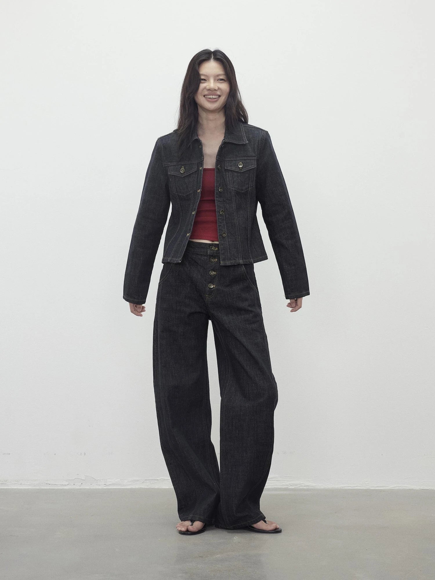 Deconstructed Denim Jacket With Topstitch And Relaxed Arc Hem Trousers