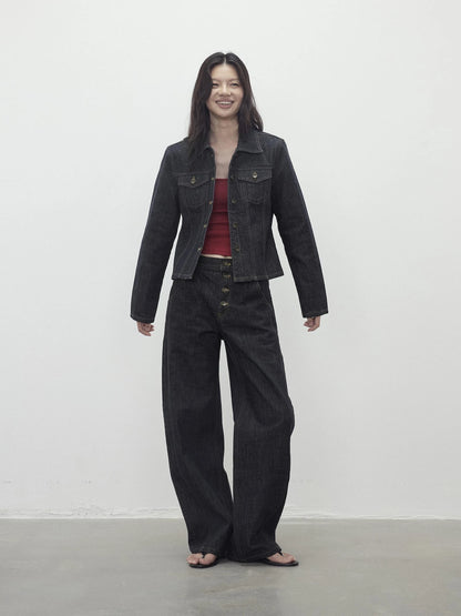 Deconstructed Denim Jacket With Topstitch And Relaxed Arc Hem Trousers