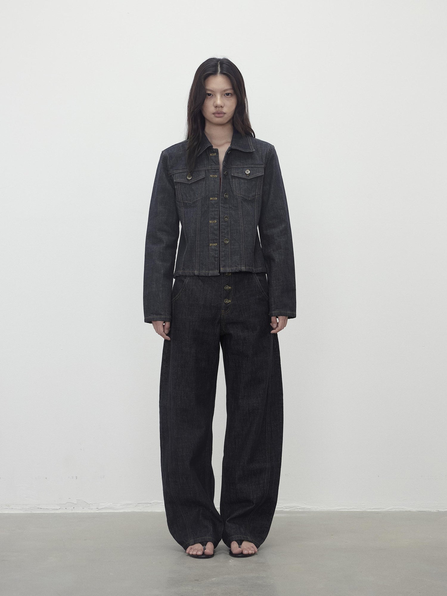 AFTADAWN Deconstructed Denim Jacket With Topstitch And Relaxed Arc Hem Trousers