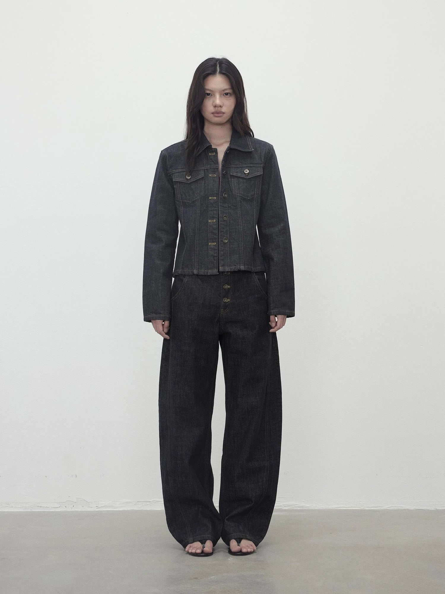 Deconstructed Denim Jacket With Topstitch And Relaxed Arc Hem Trousers