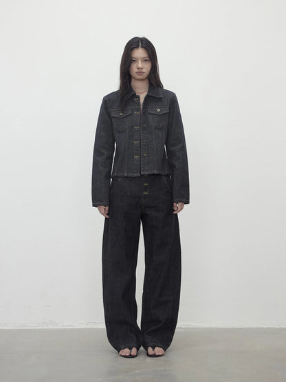 Deconstructed Denim Jacket With Topstitch And Relaxed Arc Hem Trousers