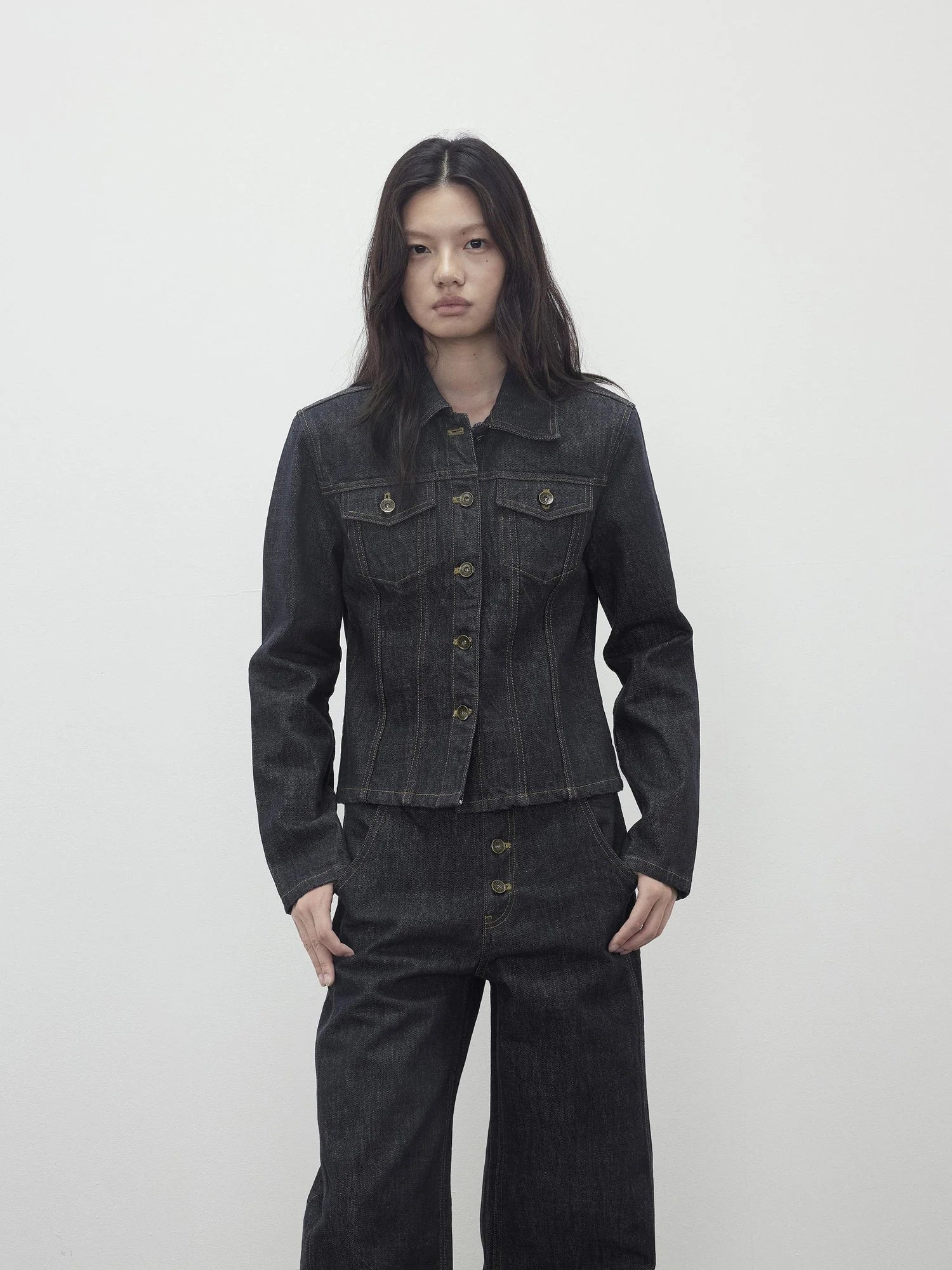 Deconstructed Denim Jacket With Topstitch And Relaxed Arc Hem Trousers