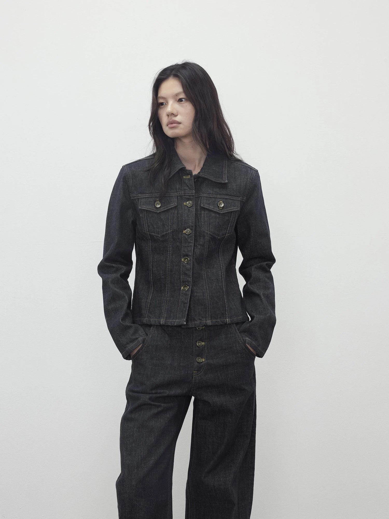 Deconstructed Denim Jacket With Topstitch And Relaxed Arc Hem Trousers
