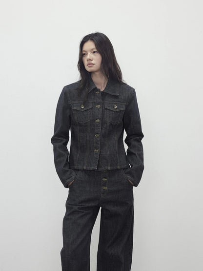 Deconstructed Denim Jacket With Topstitch And Relaxed Arc Hem Trousers