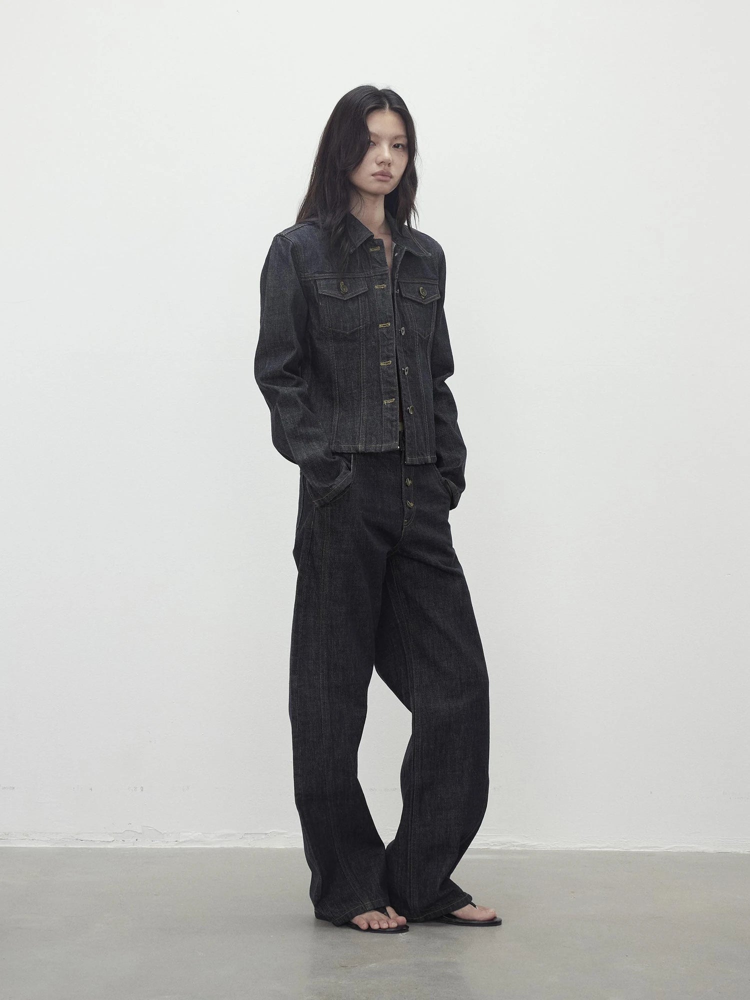 Deconstructed Denim Jacket With Topstitch And Relaxed Arc Hem Trousers