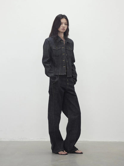 Deconstructed Denim Jacket With Topstitch And Relaxed Arc Hem Trousers
