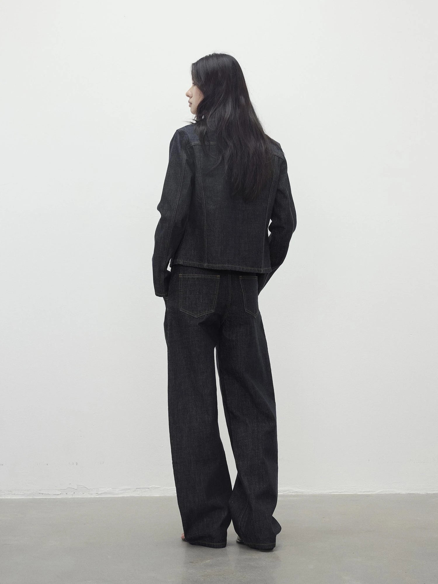 Deconstructed Denim Jacket With Topstitch And Relaxed Arc Hem Trousers