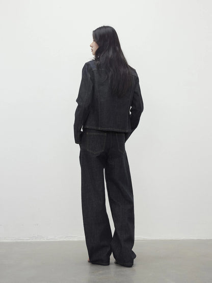 Deconstructed Denim Jacket With Topstitch And Relaxed Arc Hem Trousers