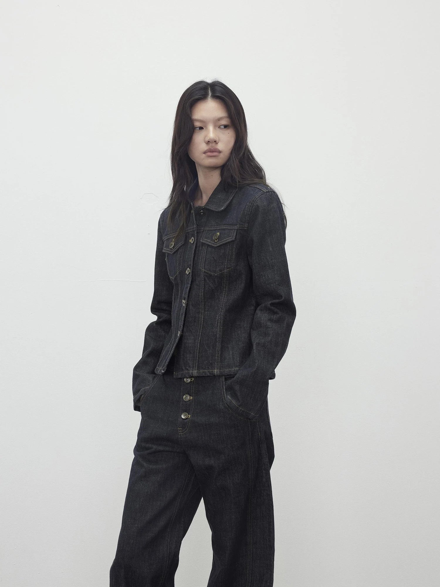 Deconstructed Denim Jacket With Topstitch And Relaxed Arc Hem Trousers
