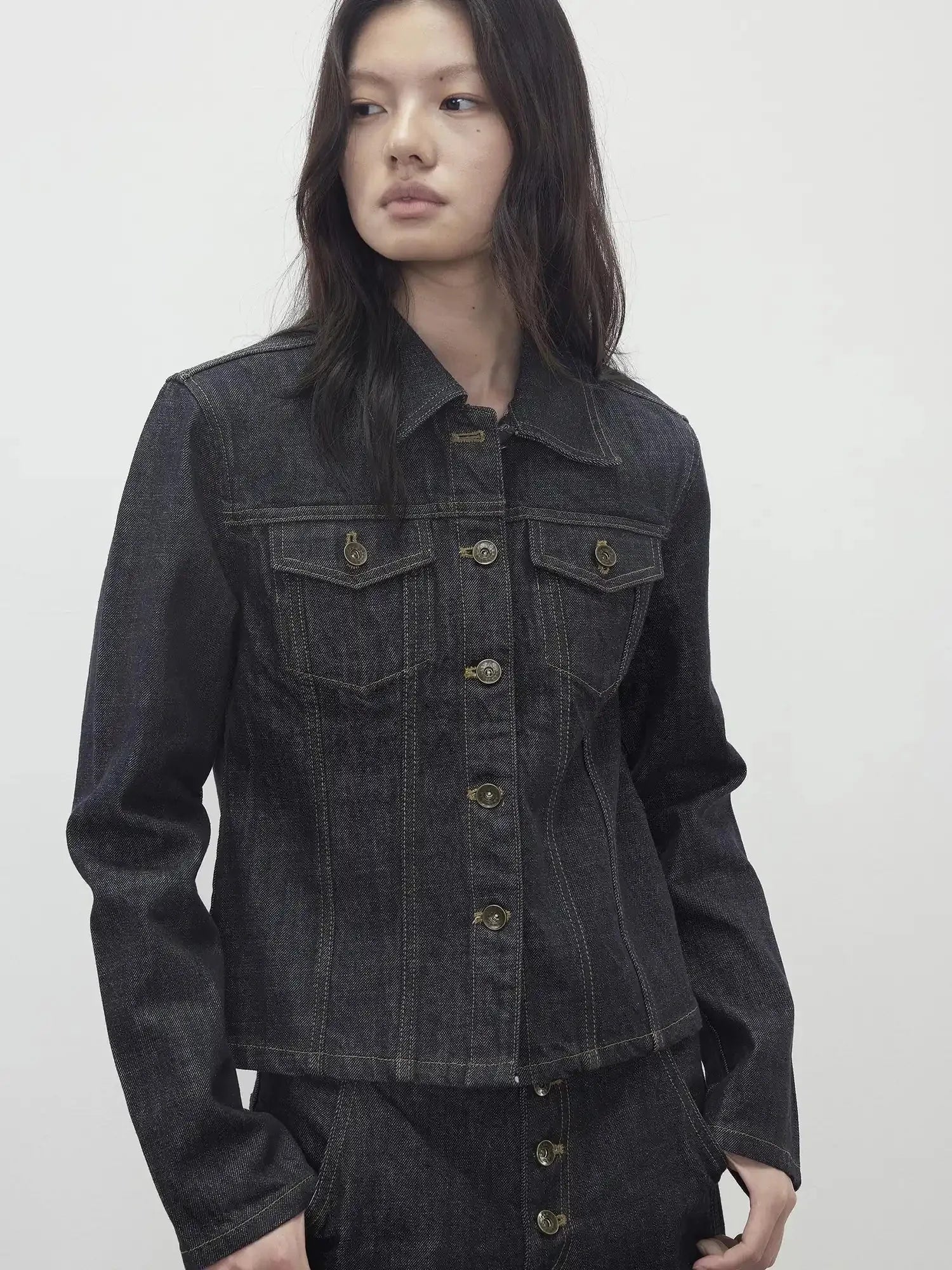 Deconstructed Denim Jacket With Topstitch And Relaxed Arc Hem Trousers
