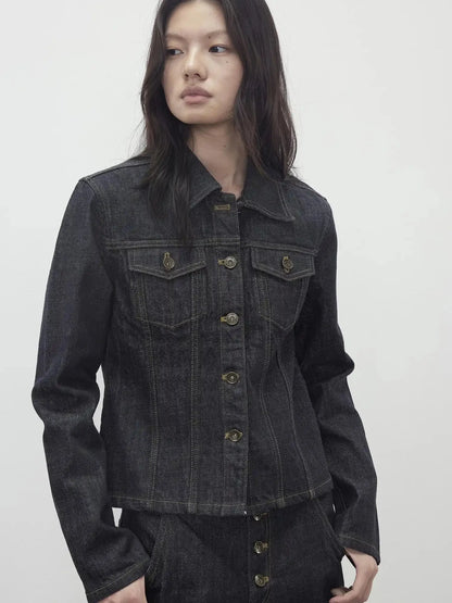 Deconstructed Denim Jacket With Topstitch And Relaxed Arc Hem Trousers