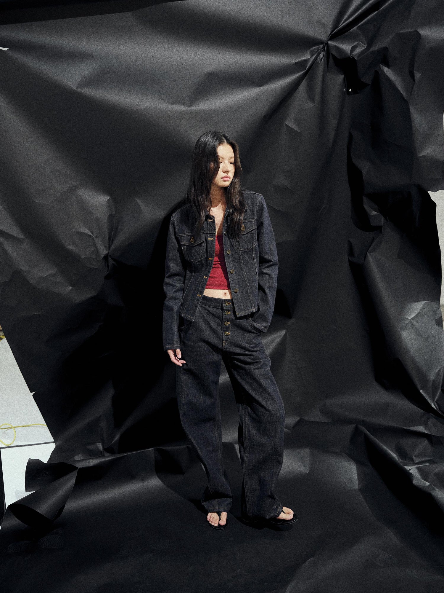 AFTADAWN Deconstructed Denim Jacket With Topstitch And Relaxed Arc Hem Trousers