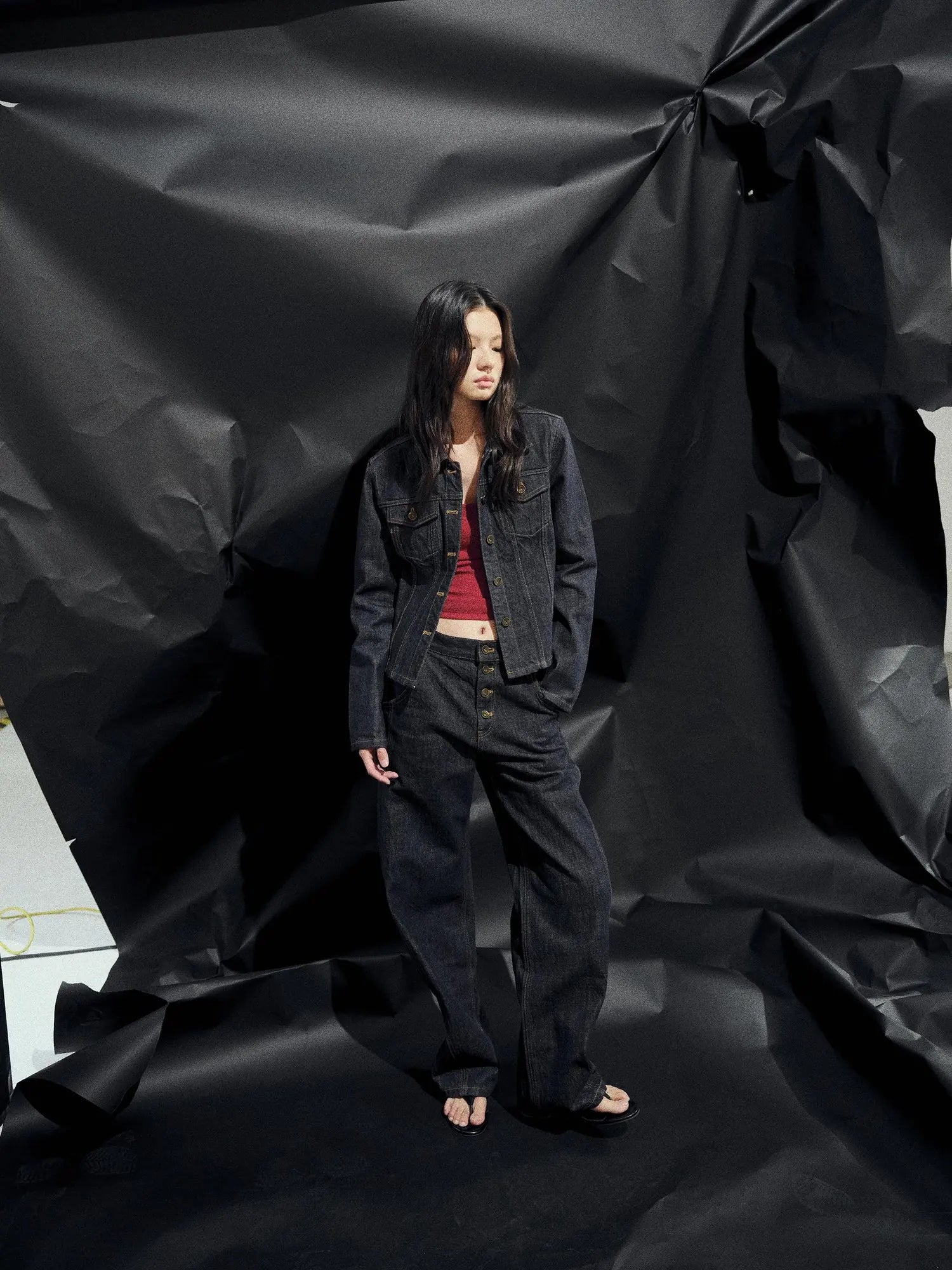 Deconstructed Denim Jacket With Topstitch And Relaxed Arc Hem Trousers