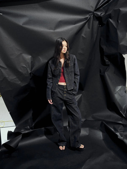 Deconstructed Denim Jacket With Topstitch And Relaxed Arc Hem Trousers