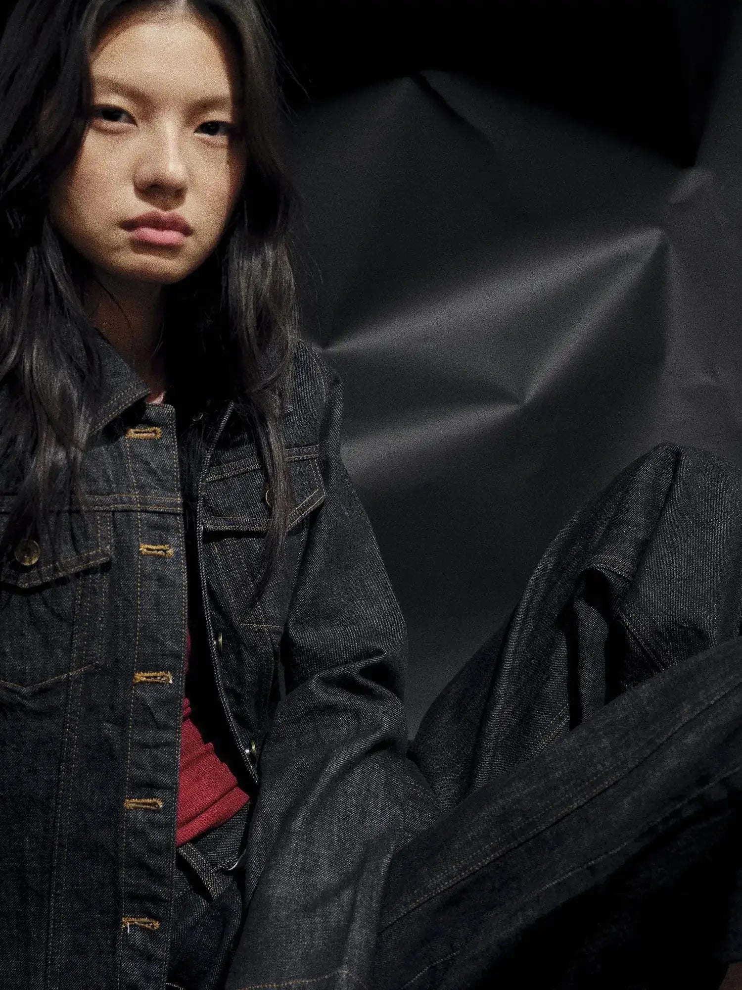 Deconstructed Denim Jacket With Topstitch And Relaxed Arc Hem Trousers