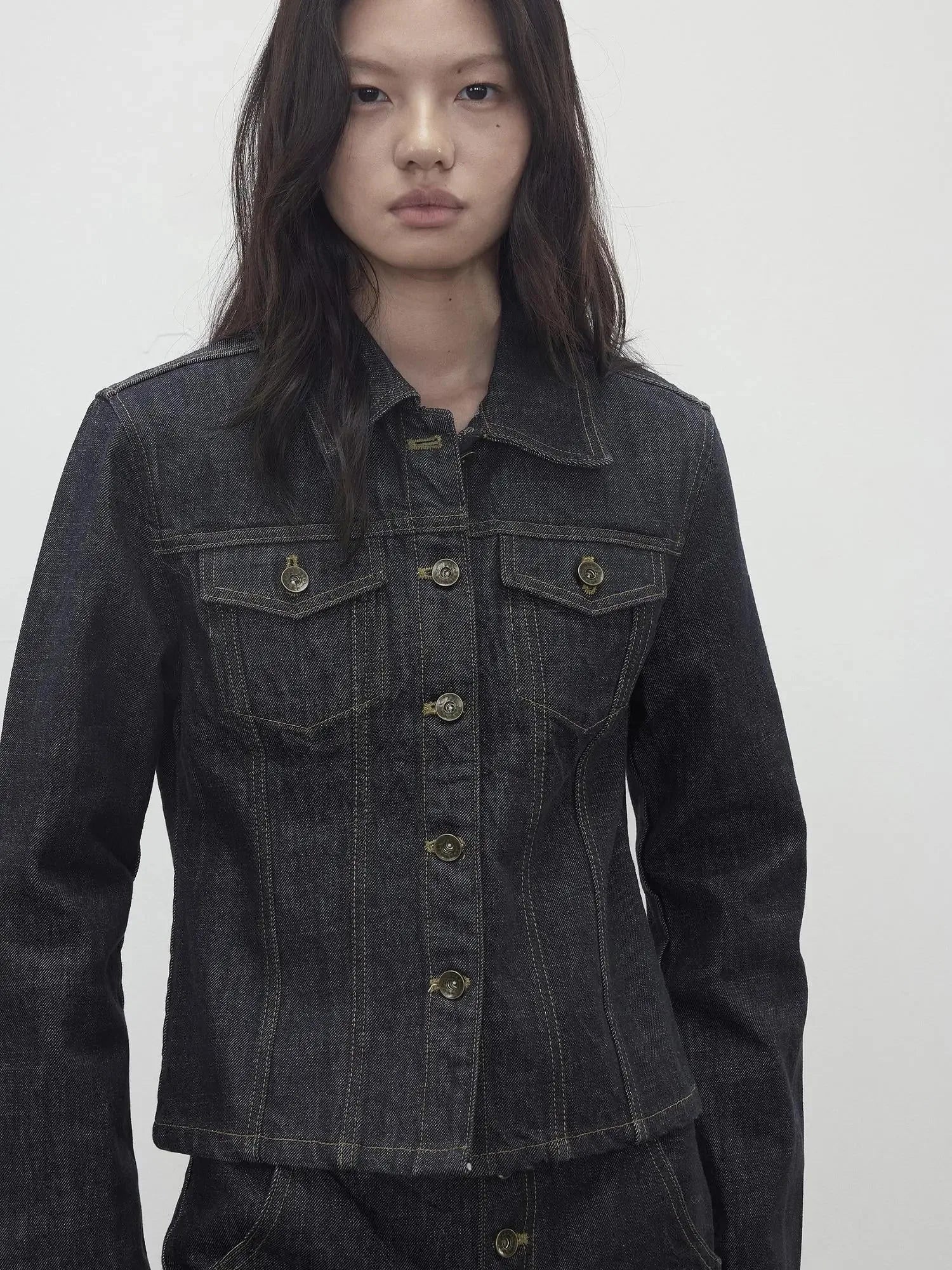 Deconstructed Denim Jacket With Topstitch And Relaxed Arc Hem Trousers
