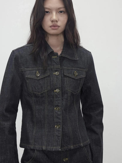 Deconstructed Denim Jacket With Topstitch And Relaxed Arc Hem Trousers